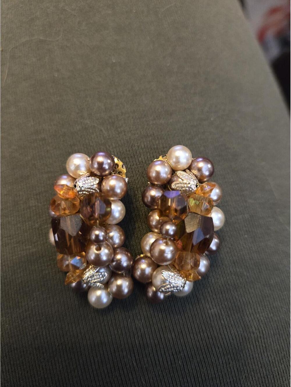 Vintage Japan WAVY Clip-On Earrings with Pearls and Amber Crystals